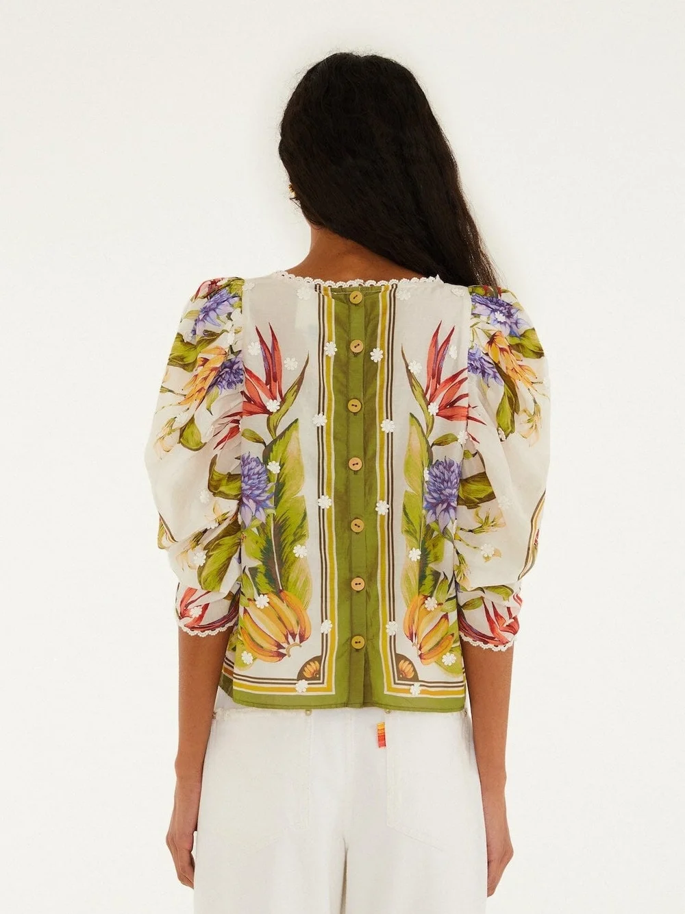 Farm Rio Floral Embroidered Ivory Puff-Sleeve Top